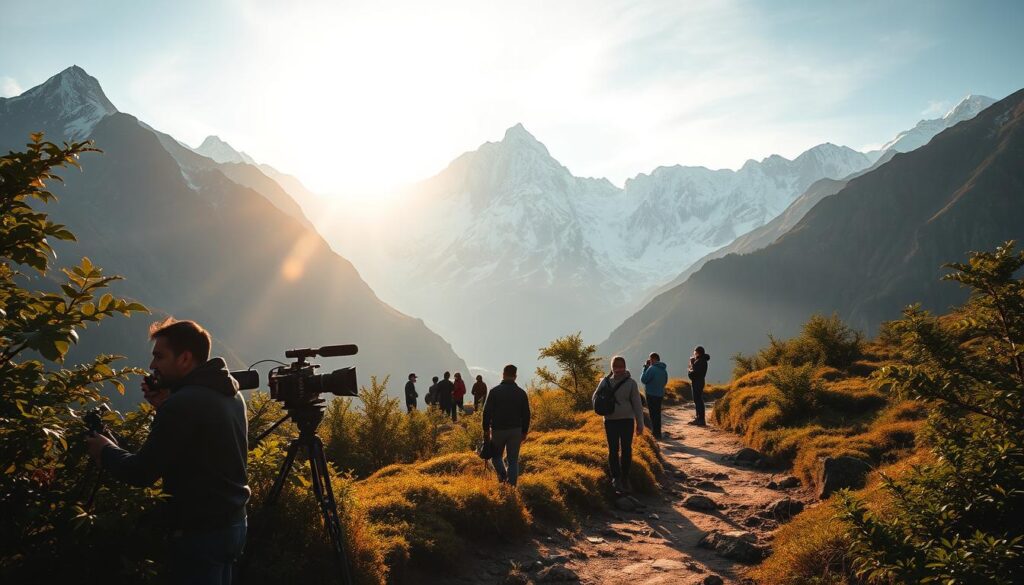 A breathtaking Himalayan landscape, with rugged snow-capped peaks rising majestically in the background. In the foreground, a small film crew diligently captures the scene, their cameras and equipment framed against the dramatic mountainous backdrop. Lush, verdant foliage and winding paths lead the eye towards the film set, creating a sense of immersion and adventure. Warm, golden sunlight filters through the crisp mountain air, casting a gentle glow on the faces of the crew members as they work. The overall atmosphere is one of excitement, challenge, and the awe-inspiring beauty of Nepal's untamed natural wonder. A breathtaking Himalayan landscape, with rugged snow-capped peaks rising majestically in the background. In the foreground, a small film crew diligently captures the scene, their cameras and equipment framed against the dramatic mountainous backdrop. Lush, verdant foliage and winding paths lead the eye towards the film set, creating a sense of immersion and adventure. Warm, golden sunlight filters through the crisp mountain air, casting a gentle glow on the faces of the crew members as they work. The overall atmosphere is one of excitement, challenge, and the awe-inspiring beauty of Nepal's untamed natural wonder.