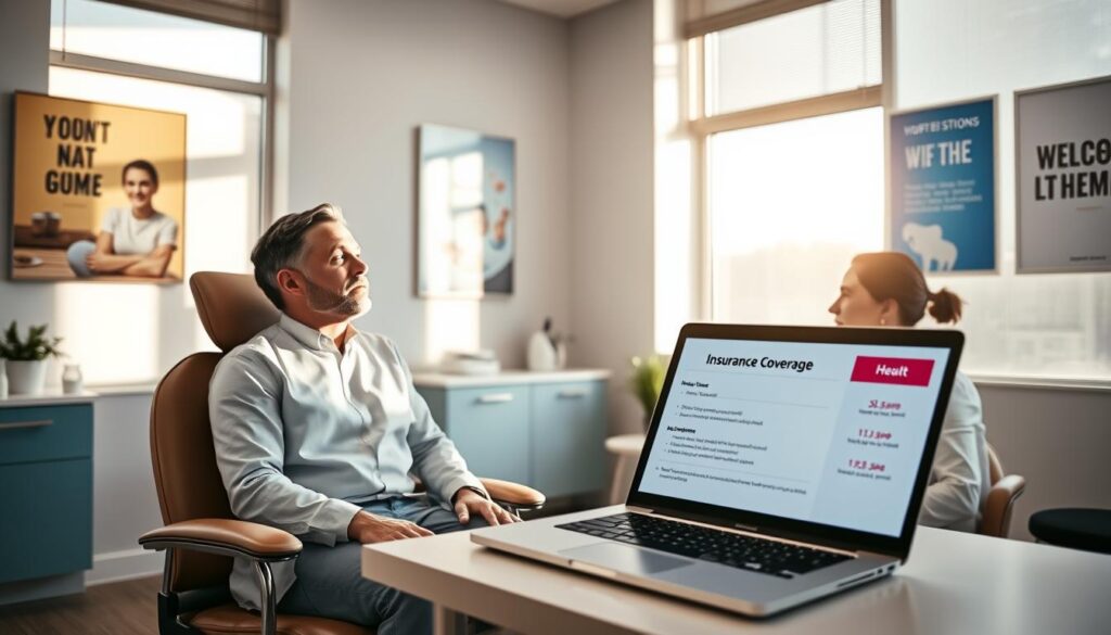 A bright, modern medical office with a welcoming atmosphere. In the foreground, a patient sits in a comfortable chair, their hands resting on the armrests. The patient's expression is calm and attentive as a dentist in a crisp, white lab coat examines their gums. On the desk, an open laptop displays an insurance coverage plan, highlighting the benefits for laser gum surgery. The room is filled with natural light streaming through large windows, casting a warm, soothing glow over the scene. The walls are adorned with motivational health posters, creating a sense of trust and professionalism. The overall mood is one of reassurance and confidence in the patient's dental care. A bright, modern medical office with a welcoming atmosphere. In the foreground, a patient sits in a comfortable chair, their hands resting on the armrests. The patient's expression is calm and attentive as a dentist in a crisp, white lab coat examines their gums. On the desk, an open laptop displays an insurance coverage plan, highlighting the benefits for laser gum surgery. The room is filled with natural light streaming through large windows, casting a warm, soothing glow over the scene. The walls are adorned with motivational health posters, creating a sense of trust and professionalism. The overall mood is one of reassurance and confidence in the patient's dental care.