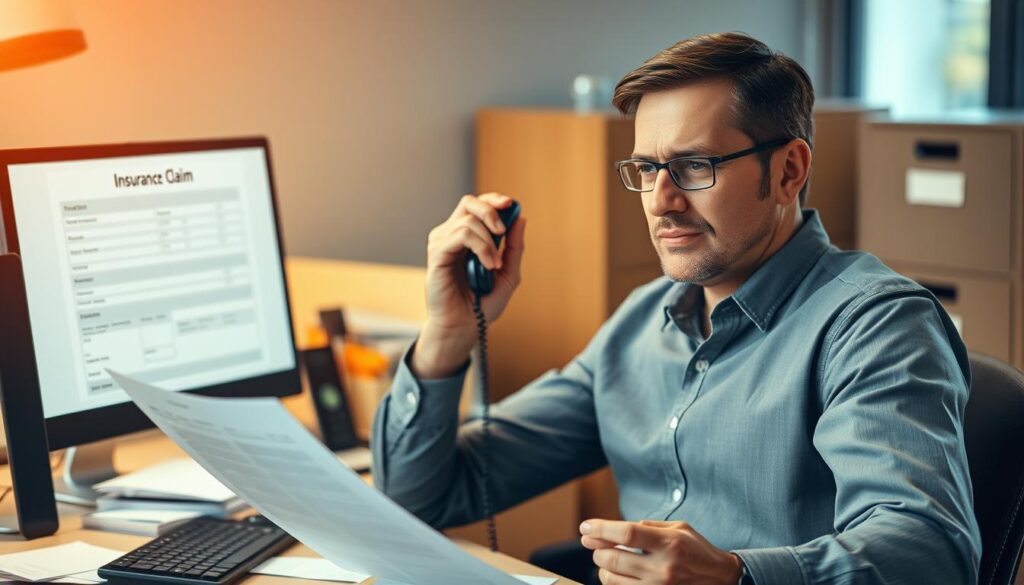 A bustling office scene with an insurance agent sitting at a desk, reviewing documents and speaking on a phone. The agent's expression is focused, with a sense of urgency conveyed through their body language. In the background, a computer screen displays an insurance claim form, and a filing cabinet hints at the paperwork involved in the process. Warm, indirect lighting illuminates the scene, creating a professional, corporate atmosphere. The overall composition suggests the diligence and attention to detail required in handling an insurance claim.