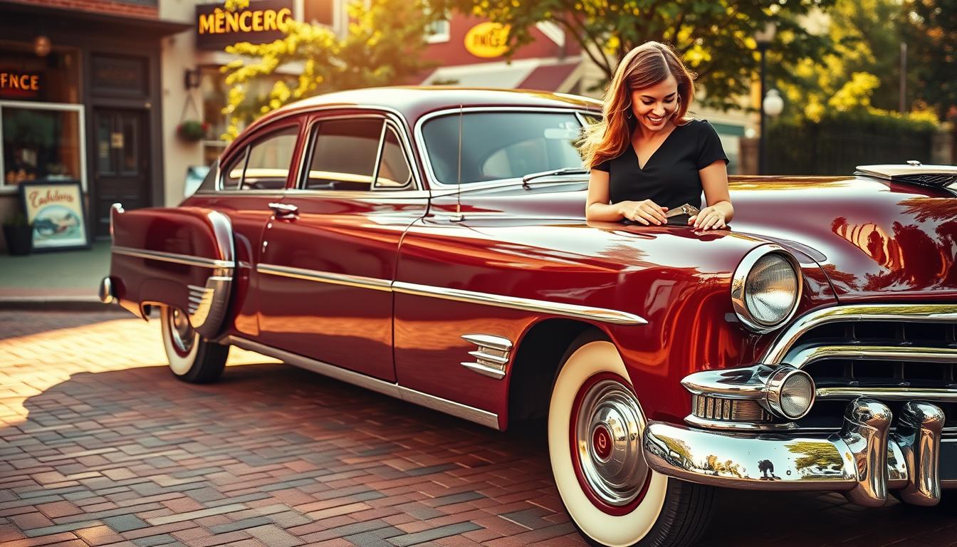 A classic 1950s American sedan, its gleaming chrome and vibrant paint reflecting the sun's warm rays. The car is parked on a historic brick street, surrounded by quaint storefronts and lush greenery. In the foreground, a well-dressed woman examines the vehicle, her face conveying a sense of pride and excitement. The scene is bathed in a soft, golden light, creating a nostalgic and inviting atmosphere. The car's vintage details, such as the whitewall tires and the chrome grille, are sharply in focus, highlighting the vehicle's timeless elegance. This image captures the essence of Maryland's historic auto insurance options, where classic car enthusiasts can protect their prized possessions with specialized coverage.