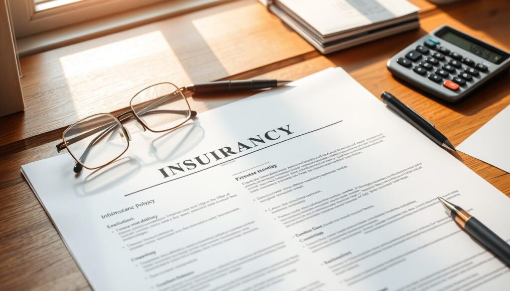 A classic insurance policy document lies open on a wooden desk, surrounded by a pair of reading glasses, a pen, and a calculator. Soft, natural light filters in through a nearby window, casting a warm, pensive glow over the scene. The policy pages are crisp and well-organized, with key details and coverage information clearly displayed. The overall atmosphere conveys a sense of thoughtful consideration and careful attention to understanding the nuances of the policy's contents. A classic insurance policy document lies open on a wooden desk, surrounded by a pair of reading glasses, a pen, and a calculator. Soft, natural light filters in through a nearby window, casting a warm, pensive glow over the scene. The policy pages are crisp and well-organized, with key details and coverage information clearly displayed. The overall atmosphere conveys a sense of thoughtful consideration and careful attention to understanding the nuances of the policy's contents.