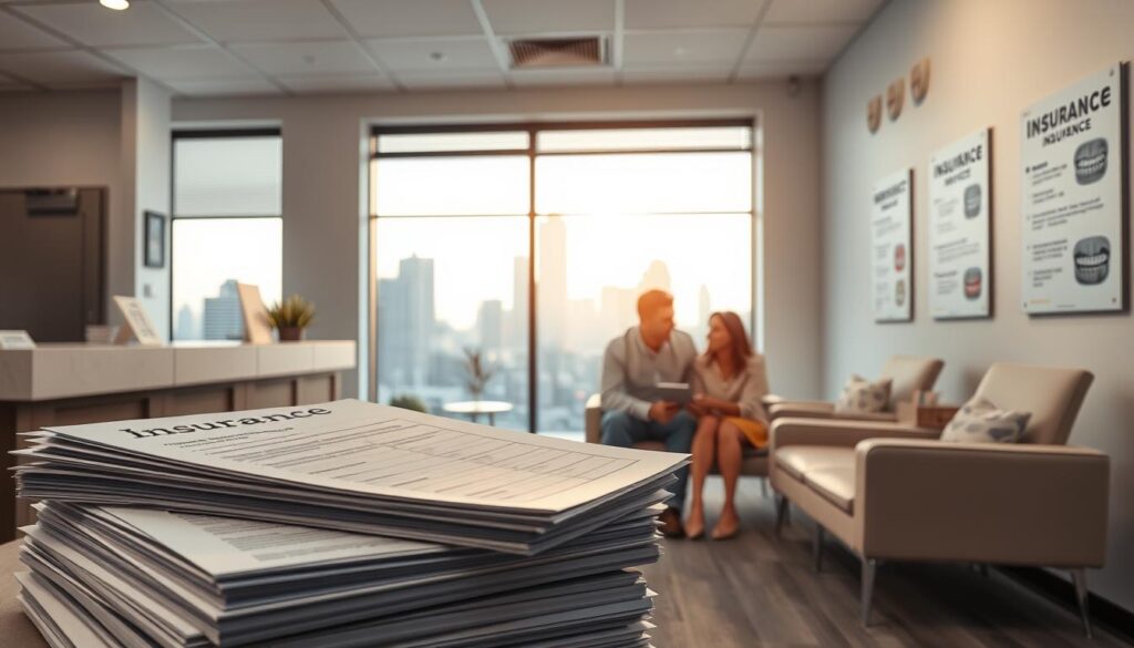 A clean, modern office interior with a reception desk and waiting area. In the foreground, a stack of insurance documents and a family sitting together, discussing coverage options. The middle ground features a large window overlooking a city skyline, casting a warm, natural light across the space. The background showcases a wall display with dental X-rays, braces models, and informative posters explaining orthodontic insurance policies. The overall atmosphere conveys a sense of professionalism, attention to detail, and a focus on patient education and support. A clean, modern office interior with a reception desk and waiting area. In the foreground, a stack of insurance documents and a family sitting together, discussing coverage options. The middle ground features a large window overlooking a city skyline, casting a warm, natural light across the space. The background showcases a wall display with dental X-rays, braces models, and informative posters explaining orthodontic insurance policies. The overall atmosphere conveys a sense of professionalism, attention to detail, and a focus on patient education and support.
