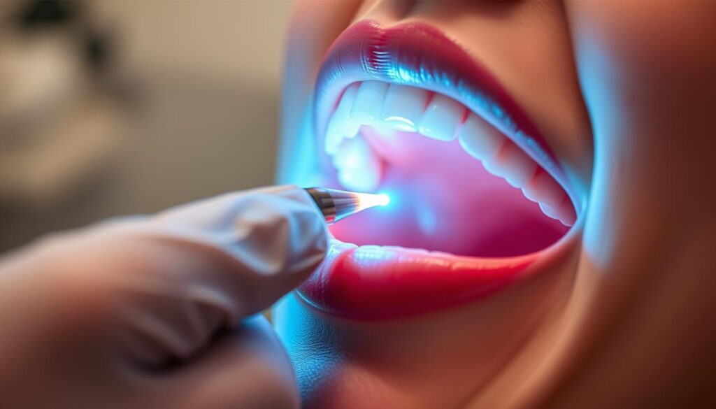 A close-up shot of a dentist's hand performing laser gum surgery, with a patient's mouth opened wide and the laser device precisely targeting the gum tissue. The procedure is bathed in a warm, blue-tinted medical lighting, creating a sense of clinical precision. The dentist's gloved hand is steady, and the laser's energy is visible as a thin, intense beam cutting through the gums. The background is blurred, keeping the focus on the intricate dental work taking place. A close-up shot of a dentist's hand performing laser gum surgery, with a patient's mouth opened wide and the laser device precisely targeting the gum tissue. The procedure is bathed in a warm, blue-tinted medical lighting, creating a sense of clinical precision. The dentist's gloved hand is steady, and the laser's energy is visible as a thin, intense beam cutting through the gums. The background is blurred, keeping the focus on the intricate dental work taking place.