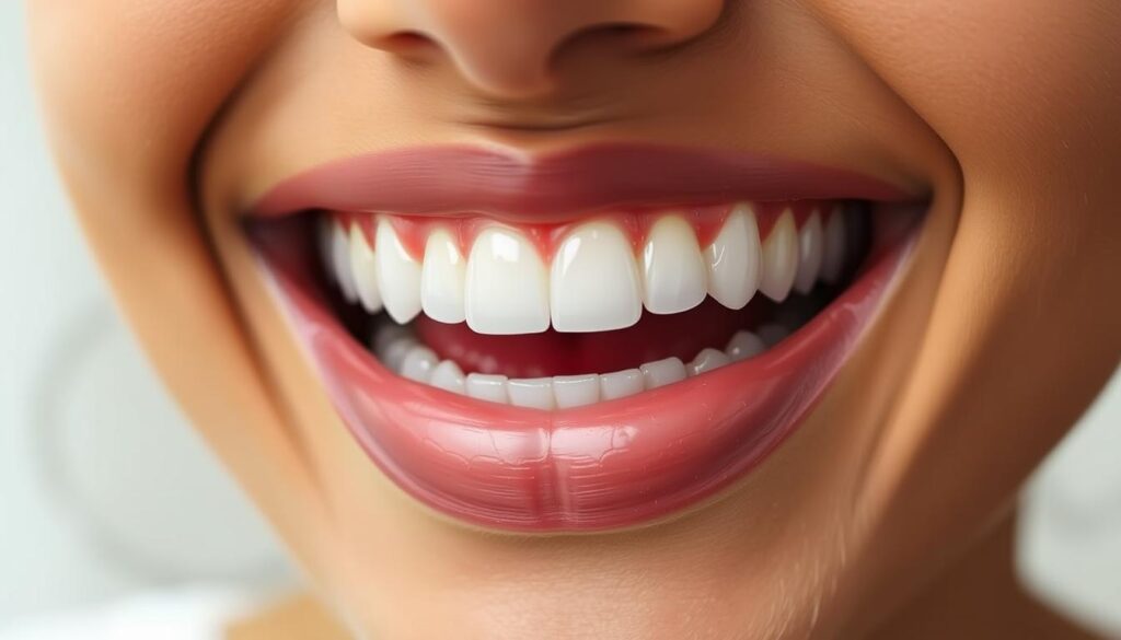 A close-up view of a person's teeth, showcasing the results of Candid Aligners treatment. The teeth are neatly aligned, with a natural-looking, straighter smile. The lighting is soft and flattering, highlighting the subtle shifts in tooth positioning. The image is captured at a slight angle, providing a balanced and aesthetically pleasing composition. The background is slightly blurred, keeping the focus on the subject's teeth and creating a sense of depth. The overall mood is one of confident satisfaction, demonstrating the transformative power of the Candid Aligners treatment.