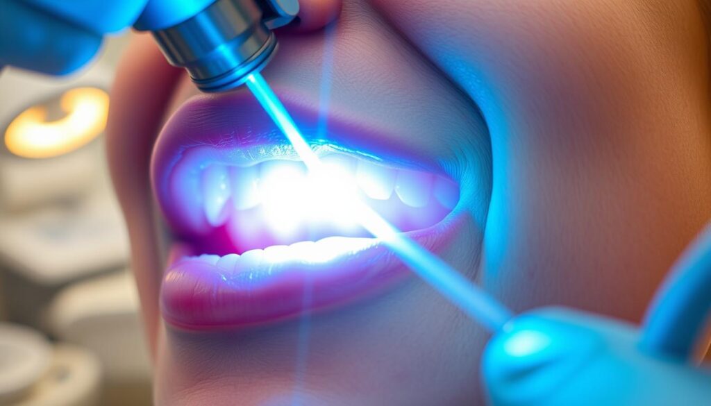 A closeup view of a patient's gums undergoing laser gum surgery, with a modern dental clinic setting in the background. The gums are illuminated by a precise, focused beam of laser light, emitting a soft blue-green glow. The patient's mouth is slightly open, revealing the delicate procedure taking place. The lighting is clean and clinical, casting a serene, meditative atmosphere. The image highlights the advanced technology and precision of this dental treatment, conveying the out-of-pocket costs that patients may need to anticipate. A closeup view of a patient's gums undergoing laser gum surgery, with a modern dental clinic setting in the background. The gums are illuminated by a precise, focused beam of laser light, emitting a soft blue-green glow. The patient's mouth is slightly open, revealing the delicate procedure taking place. The lighting is clean and clinical, casting a serene, meditative atmosphere. The image highlights the advanced technology and precision of this dental treatment, conveying the out-of-pocket costs that patients may need to anticipate.