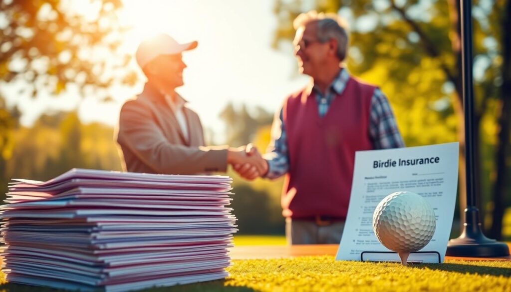 A colorful, dynamic scene depicting affordable birdie insurance plans. In the foreground, a stack of varied insurance policies, each adorned with a whimsical golf ball motif. In the middle ground, a smiling golfer shakes hands with a friendly insurance agent, signifying the flexible payment options available. The background showcases a lush, sun-dappled golf course, conveying the carefree atmosphere of the sport. Warm lighting casts a golden glow, creating a welcoming and accessible ambiance. The overall composition emphasizes the simplicity and affordability of the birdie insurance plans, appealing to both seasoned and novice golfers.