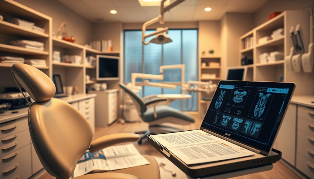 A detailed dental office interior, illuminated by warm, natural lighting. In the foreground, a dentist's chair with an open patient file resting on a tray beside it. On the desk, a laptop displays dental x-rays and charts. The middle ground features a panoramic view of the treatment room, with modern dental equipment and instruments neatly organized. In the background, shelves filled with dental supplies and reference materials create a sense of professionalism and expertise. The overall atmosphere conveys a calming, clinical environment conducive to effective patient-dentist communication and treatment planning. A detailed dental office interior, illuminated by warm, natural lighting. In the foreground, a dentist's chair with an open patient file resting on a tray beside it. On the desk, a laptop displays dental x-rays and charts. The middle ground features a panoramic view of the treatment room, with modern dental equipment and instruments neatly organized. In the background, shelves filled with dental supplies and reference materials create a sense of professionalism and expertise. The overall atmosphere conveys a calming, clinical environment conducive to effective patient-dentist communication and treatment planning.