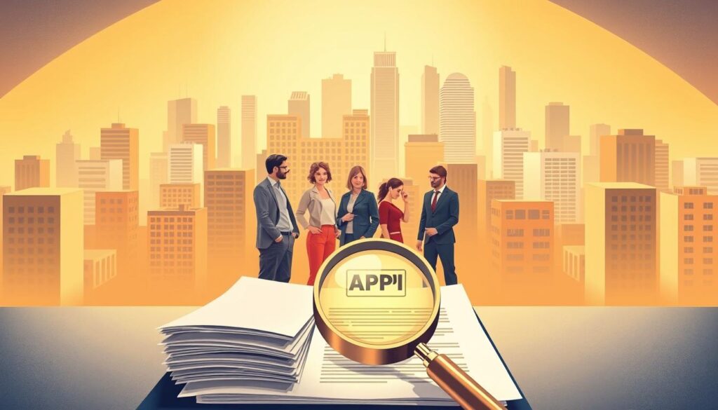 A detailed, high-resolution illustration depicting the benefits of APPI gap insurance coverage. The foreground showcases a stack of documents and a magnifying glass, symbolizing the comprehensive coverage offered. The middle ground features a group of people representing different demographics, highlighting the broad protection provided. The background depicts a cityscape with various buildings, suggesting the wide-ranging applicability of the coverage. The scene is illuminated by warm, directional lighting, creating a sense of trust and security. The overall mood is one of clarity, reassurance, and the peace of mind that APPI gap insurance brings.