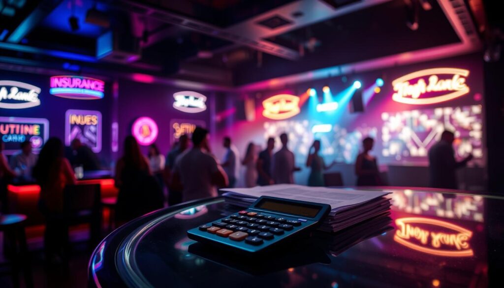 A dimly lit nightclub interior, with neon signs casting a vibrant glow. In the foreground, a calculator and a stack of insurance documents sit on a sleek, glass-topped table, symbolizing the financial considerations of nightclub operations. The middle ground features silhouettes of patrons enjoying the lively atmosphere, while the background showcases the club's dance floor, filled with pulsating lights and a hint of movement. The overall scene conveys the balance between the excitement of a thriving nightclub and the practical necessity of securing the right insurance coverage to protect the business. A dimly lit nightclub interior, with neon signs casting a vibrant glow. In the foreground, a calculator and a stack of insurance documents sit on a sleek, glass-topped table, symbolizing the financial considerations of nightclub operations. The middle ground features silhouettes of patrons enjoying the lively atmosphere, while the background showcases the club's dance floor, filled with pulsating lights and a hint of movement. The overall scene conveys the balance between the excitement of a thriving nightclub and the practical necessity of securing the right insurance coverage to protect the business.
