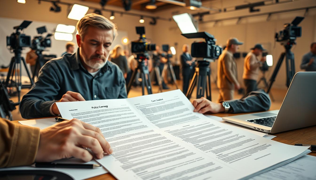 A film production crew diligently reviews a comprehensive insurance policy, the intricate details illuminated by soft, natural lighting. In the foreground, a contract lies open, surrounded by pens, documents, and a laptop displaying policy coverage. In the middle ground, two experienced producers discuss risk mitigation strategies, their faces thoughtful and focused. The background depicts a bustling film set, with cameras, lighting rigs, and a diverse crew working in harmony, all protected by the robust insurance plan.