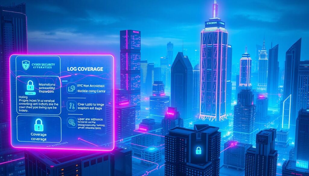 A futuristic cityscape bathed in a cool, neon-tinged glow. In the foreground, a series of sleek, holographic displays depicting various cyber security threats and coverage options. In the middle ground, a network of interconnected servers and data centers, protected by a shimmering force field. The background showcases towering skyscrapers, their facades adorned with intricate, cyberpunk-inspired patterns. An omnipresent sense of digital vulnerability and the urgent need for robust cyber liability insurance solutions permeates the scene.