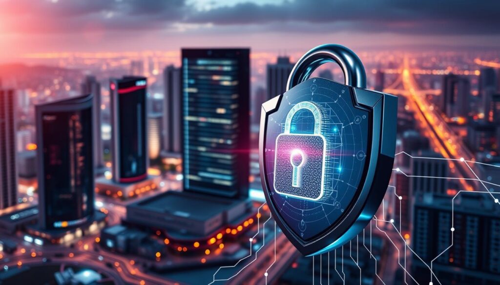 A gleaming, metallic cyber shield protecting a digital business landscape. In the foreground, a futuristic lock icon glows with an electric pulse, symbolizing the safeguarding of sensitive data. The middle ground features a cityscape of sleek, high-tech skyscrapers, their windows reflecting the vibrant neon hues of a bustling Kenyan metropolis. In the background, a network of interconnected circuits and data streams flow like a river of information, hinting at the complex web of digital vulnerabilities that cyber insurance aims to defend against. Dramatic cinematic lighting casts dramatic shadows, evoking a sense of urgency and the critical need for robust cybersecurity measures.