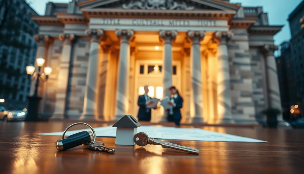 A grand, stately marble building stands tall, its classical columns and intricate facade exuding a sense of authority and gravitas. Inside, a team of professionals carefully examines legal documents, ensuring the rightful ownership of the property. Soft, warm lighting illuminates the scene, casting a sense of security and trust. In the foreground, a house key rests on a polished wooden desk, symbolizing the importance of protecting one's investment. The background is a blurred cityscape, hinting at the broader context in which this crucial process takes place. This image conveys the significance of title insurance, safeguarding the invaluable asset of home ownership.
