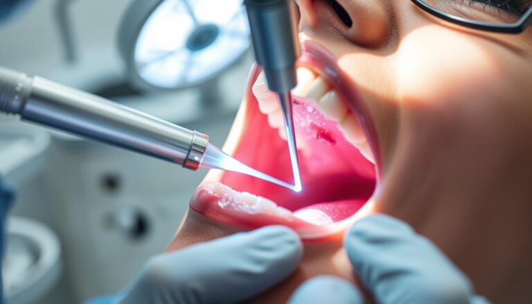 A highly detailed, close-up photograph of a human mouth undergoing laser gum surgery. The procedure is being performed by a skilled dental surgeon in a modern, well-lit clinic. The foreground shows the open mouth with the laser precisely targeting the gum tissue, while the middle ground reveals the dental tools and equipment used during the surgery. The background blurs out to maintain focus on the critical action. The lighting is bright and directional, casting dramatic shadows that highlight the technical precision of the laser treatment. The overall mood is one of clinical professionalism and the audience can clearly see the procedure taking place in an authentic medical setting.