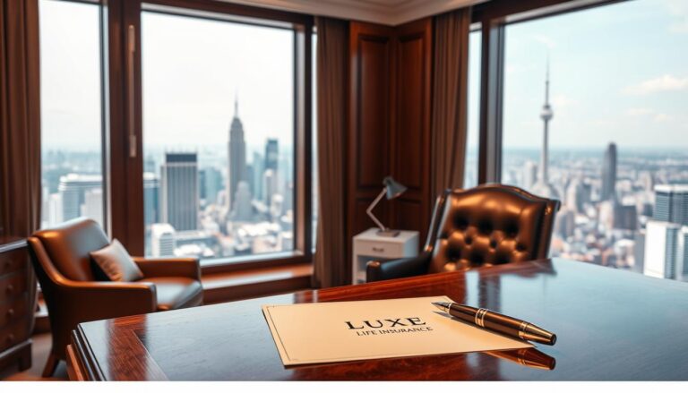 A luxurious life insurance policy set against a sophisticated backdrop. In the foreground, a elegant, walnut-paneled office with a plush leather armchair and a gleaming mahogany desk. On the desk, a polished silver fountain pen and documents emblazoned with the Luxe Life Insurance logo. Soft, warm lighting casts a gentle glow, creating an atmosphere of exclusivity and refinement. In the middle ground, floor-to-ceiling windows offer a panoramic view of a bustling city skyline, symbolizing the breadth of coverage and protection. The overall mood is one of affluence, security, and personalized service, reflecting the tailored nature of the Luxe Life Insurance offering.