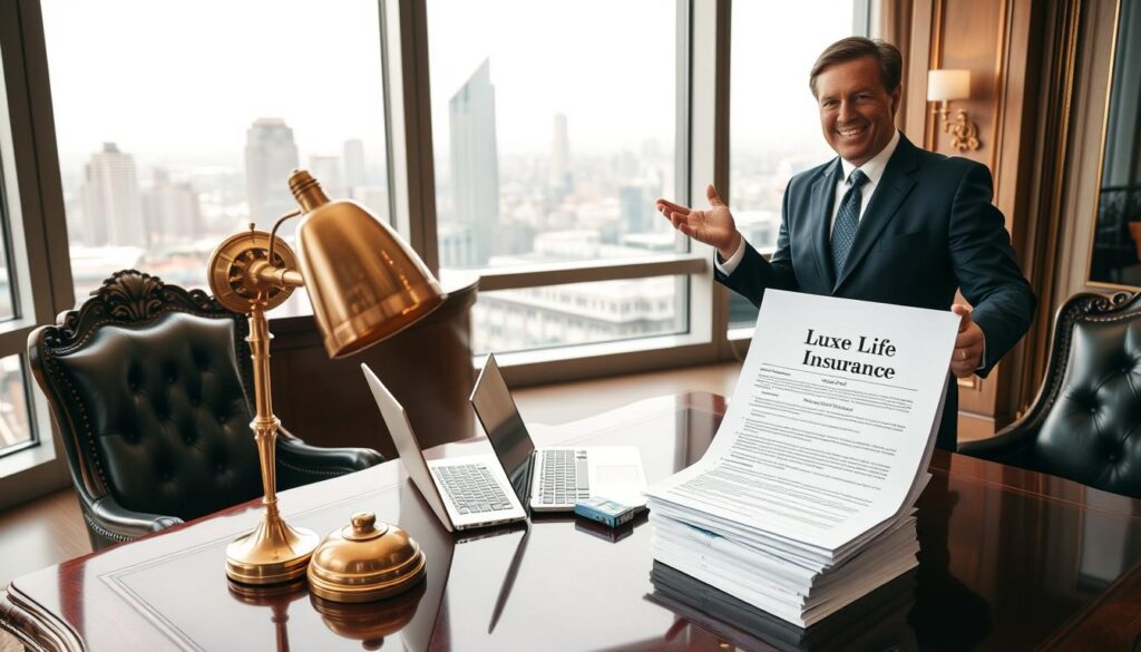 A modern, chic office interior with an ornate wooden desk, a large window overlooking a city skyline, and plush leather chairs. On the desk, an open laptop, a polished brass desk lamp, and a stack of documents labeled "Luxe Life Insurance." A well-dressed professional stands beside the desk, gesturing towards the insurance documents with a warm, authoritative expression. Soft, diffused lighting from the window creates a sense of sophistication and professionalism. The overall scene conveys the benefits of working with a specialized insurance broker who can provide tailored coverage for one's unique needs. A modern, chic office interior with an ornate wooden desk, a large window overlooking a city skyline, and plush leather chairs. On the desk, an open laptop, a polished brass desk lamp, and a stack of documents labeled "Luxe Life Insurance." A well-dressed professional stands beside the desk, gesturing towards the insurance documents with a warm, authoritative expression. Soft, diffused lighting from the window creates a sense of sophistication and professionalism. The overall scene conveys the benefits of working with a specialized insurance broker who can provide tailored coverage for one's unique needs.