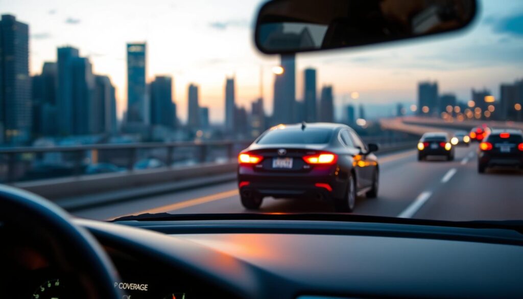 A modern city skyline at dusk, with a lone car navigating the winding roads. The car, a sleek sedan, is the focal point, illuminated by the warm glow of streetlights. In the foreground, the car's dashboard displays a digital readout, highlighting the "Gap Insurance" coverage details. The background is a blur of skyscrapers and the faint silhouettes of other vehicles, conveying a sense of urban hustle and the need for financial protection. The lighting is soft and atmospheric, creating a contemplative mood as the driver considers the importance of gap insurance in this key scenario.