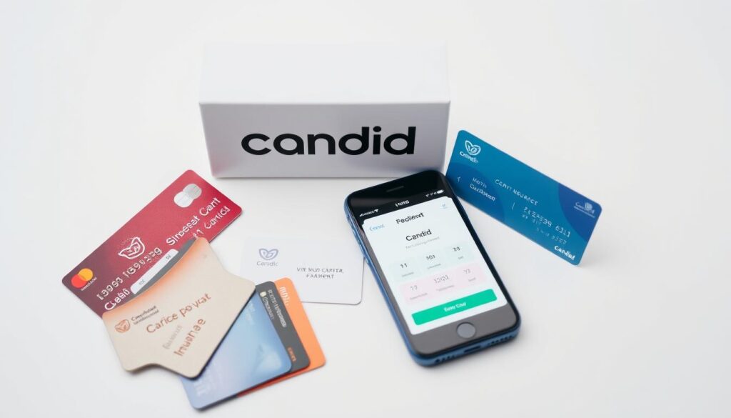 A modern, clean-lined arrangement of various payment options for Candid clear aligners, captured in a well-lit, high-angle studio shot. The foreground showcases an array of credit/debit cards, a mobile device displaying a digital payment interface, and a medical insurance card. The middle ground features the Candid logo and branding elements, while the background has a plain, minimalist setup with a soft, neutral color palette to keep the focus on the payment options. The overall composition conveys a sense of professionalism, flexibility, and accessibility in Candid's payment solutions.
