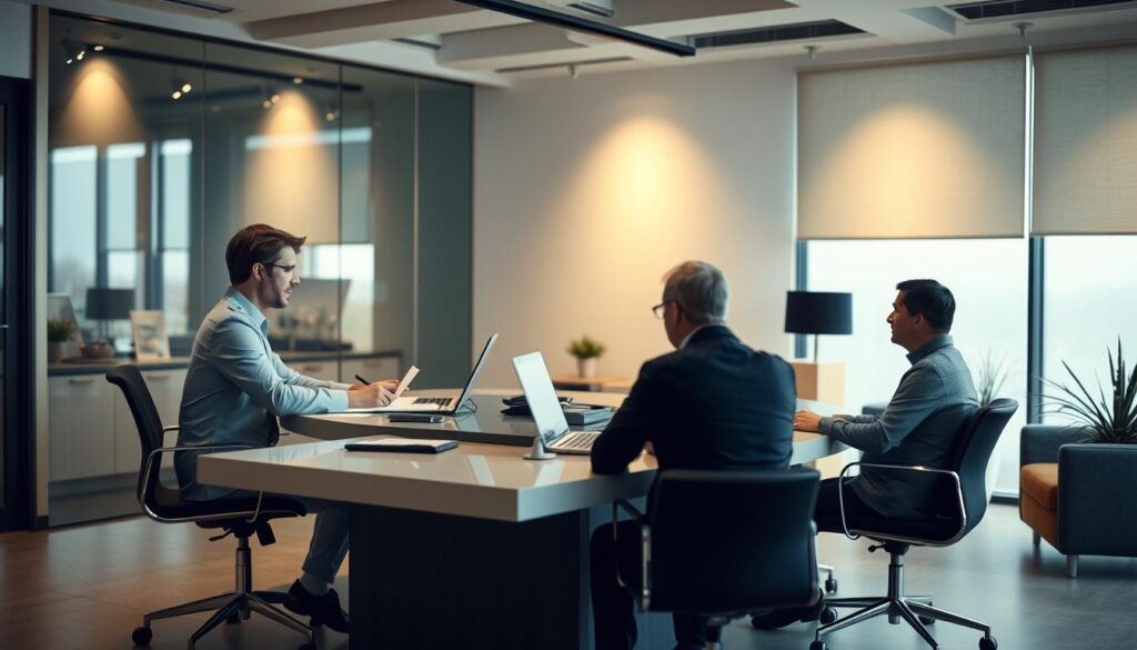 A modern office interior with a central desk, where an insurance agent is meeting with a client to discuss a property insurance claim. The agent's desk is neatly organized, with a laptop, documents, and a phone. The client sits across, engaged in discussion, as the agent reviews paperwork and types on the computer. Soft, warm lighting illuminates the scene, creating a professional yet approachable atmosphere. The background features stylish, minimalist decor, highlighting the advanced, technology-driven nature of the claims process.