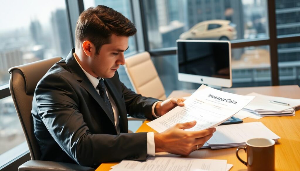 A modern office interior with a well-lit desk, computer, and scattered paperwork. In the foreground, a person in a suit reviews an insurance claim form, brow furrowed in concentration. The middle ground features a telephone, a stack of documents, and a coffee mug, conveying a sense of the insurance claim process underway. The background showcases a window with a cityscape view, adding depth and context to the scene. The lighting is warm and natural, creating a professional yet approachable atmosphere. The overall composition and details suggest the careful, methodical nature of handling an insurance claim.