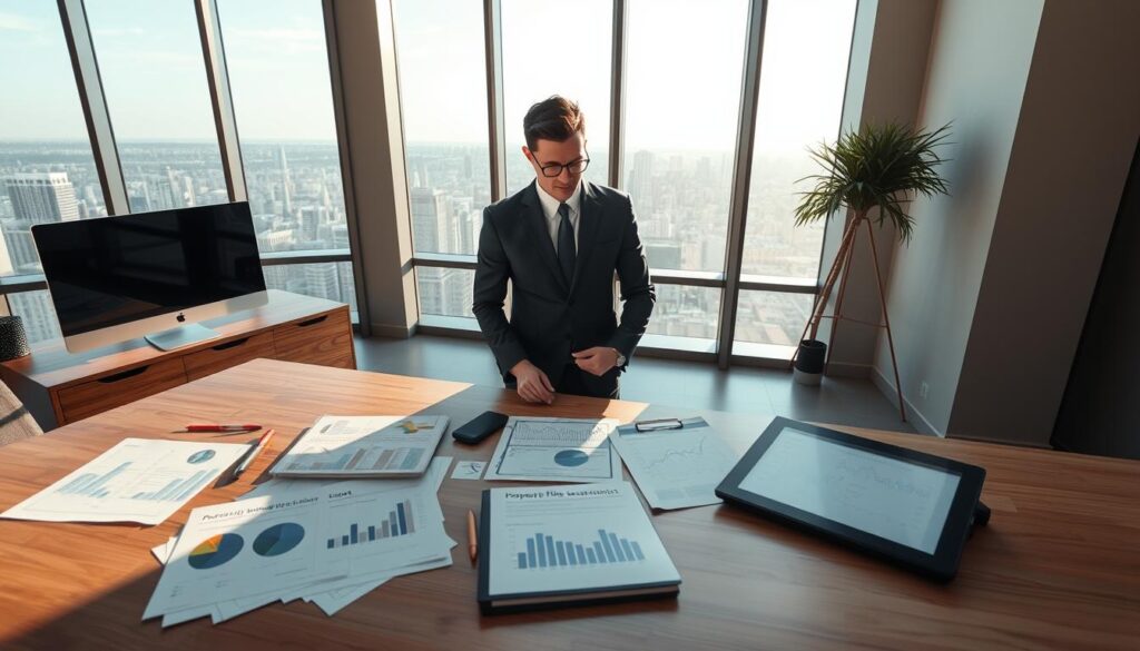 A modern office interior with a wooden desk, sleek computer monitor, and a large window overlooking a cityscape. On the desk, various documents, charts, and a tablet display detailed property risk assessments. A corporate executive, dressed in a crisp suit, stands pensively, studying the data. Soft, directional lighting casts gentle shadows, creating a contemplative atmosphere. The scene conveys a sense of diligence, expertise, and the importance of thorough property evaluation in the realm of advanced insurance risk assessment.