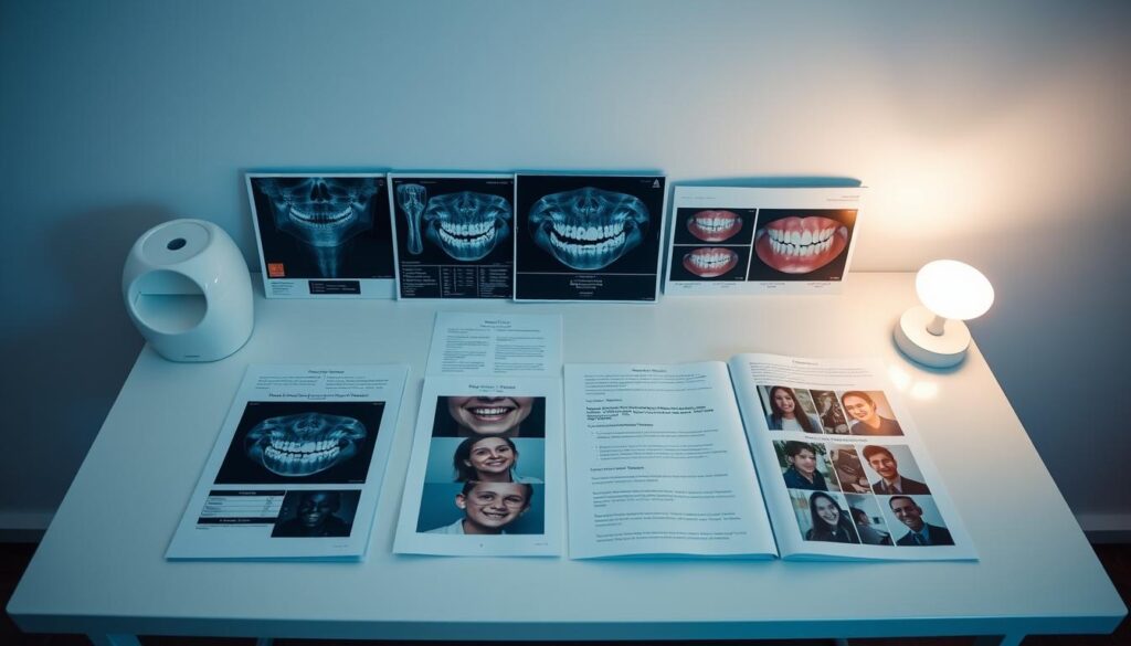 A neatly organized table displaying a patient's orthodontic records, including dental x-rays, impressions, and treatment progress photos. The records are illuminated by soft, diffused lighting, creating a professional yet approachable atmosphere. The table is set against a clean, minimalist background, allowing the medical details to take center stage. The overall scene conveys a sense of careful documentation and attention to the patient's oral health during a delicate transition in their treatment. A neatly organized table displaying a patient's orthodontic records, including dental x-rays, impressions, and treatment progress photos. The records are illuminated by soft, diffused lighting, creating a professional yet approachable atmosphere. The table is set against a clean, minimalist background, allowing the medical details to take center stage. The overall scene conveys a sense of careful documentation and attention to the patient's oral health during a delicate transition in their treatment.
