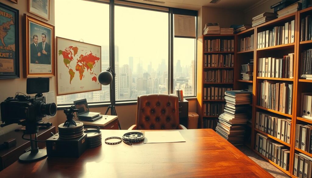 A panoramic shot of a foreign film production office, bathed in warm, golden lighting. In the foreground, a wooden desk with a worn leather chair, an old-fashioned camera, and a stack of film reels. On the wall, framed movie posters and a world map, hinting at the global reach of the industry. In the middle ground, a bookshelf filled with reference materials and insurance policy folders. The background features a large window overlooking a bustling city, suggesting the international nature of the business. The overall atmosphere is one of professionalism, attention to detail, and a sense of the challenges and risks inherent in filming abroad. A panoramic shot of a foreign film production office, bathed in warm, golden lighting. In the foreground, a wooden desk with a worn leather chair, an old-fashioned camera, and a stack of film reels. On the wall, framed movie posters and a world map, hinting at the global reach of the industry. In the middle ground, a bookshelf filled with reference materials and insurance policy folders. The background features a large window overlooking a bustling city, suggesting the international nature of the business. The overall atmosphere is one of professionalism, attention to detail, and a sense of the challenges and risks inherent in filming abroad.
