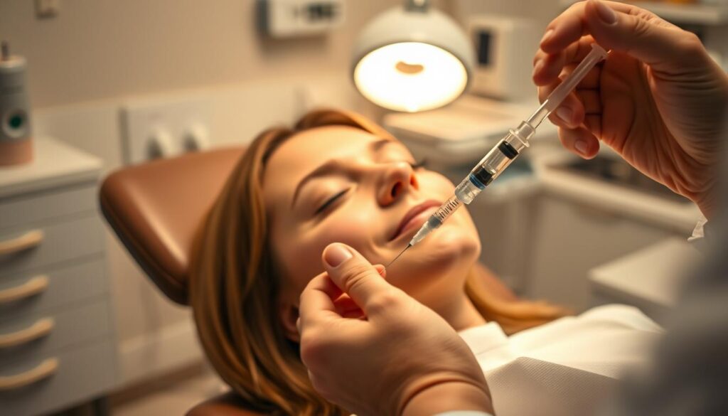A peaceful dental office scene, with a patient reclined in a chair, eyes gently closed, as a dental professional administers anesthetic. Soft, warm lighting illuminates the serene atmosphere, creating a sense of comfort and trust. The patient's face is relaxed, conveying a feeling of tranquility. In the foreground, the dentist's hands are delicately handling the anesthetic syringe, their movements precise and reassuring. The background features subtle medical equipment and a calming, neutral color palette, conveying a sense of professionalism and care. The overall scene portrays the experience of dental sedation as a safe, controlled, and therapeutic process.