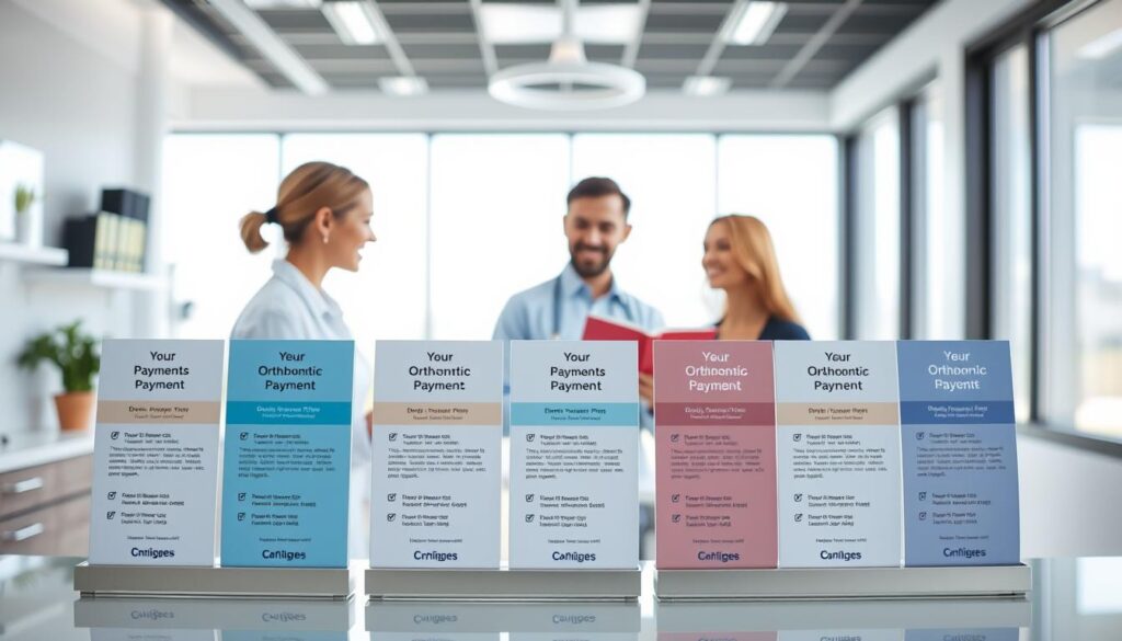 A pristine dental office interior with a sleek, modern aesthetic. In the foreground, an orderly display showcases various orthodontic payment plan options, featuring clean typography and visually appealing graphics. The middle ground features a professional-looking administrator discussing the plans with a patient, their expressions conveying a sense of understanding and trust. The background reveals a bright, airy space with large windows allowing natural light to pour in, creating a calming, reassuring atmosphere. The overall scene evokes a sense of transparency, accessibility, and a commitment to providing patients with flexible, affordable orthodontic solutions. A pristine dental office interior with a sleek, modern aesthetic. In the foreground, an orderly display showcases various orthodontic payment plan options, featuring clean typography and visually appealing graphics. The middle ground features a professional-looking administrator discussing the plans with a patient, their expressions conveying a sense of understanding and trust. The background reveals a bright, airy space with large windows allowing natural light to pour in, creating a calming, reassuring atmosphere. The overall scene evokes a sense of transparency, accessibility, and a commitment to providing patients with flexible, affordable orthodontic solutions.