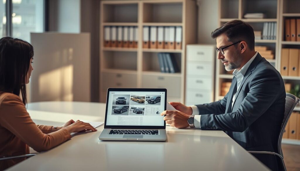 A professional appraisal clause process unfolds in a well-lit office setting. In the foreground, a car insurance agent and a policyholder sit at a sleek, modern desk, examining documents and engaged in thoughtful discussion. The middle ground features a laptop displaying detailed vehicle damage assessments, while the background showcases the orderly arrangement of filing cabinets and bookshelves, conveying an atmosphere of diligent record-keeping and careful consideration. Soft, directional lighting casts subtle shadows, lending a sense of gravity to the proceedings. The overall mood is one of careful deliberation, with the participants working collaboratively to navigate the complexities of the appraisal clause and reach a fair resolution.