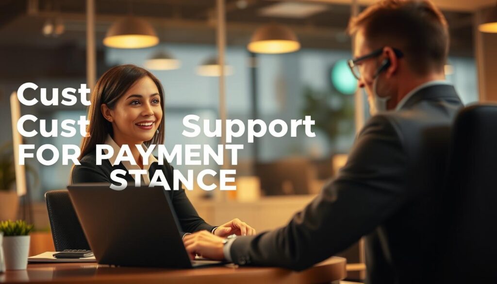 A professional customer service representative sits at a desk, providing helpful guidance and support to a customer seeking payment assistance. Warm lighting illuminates the scene, creating a calm and reassuring atmosphere. The representative's friendly demeanor and attentive posture convey a sense of empathy and understanding. In the background, a softly blurred office environment hints at the professional context. The overall composition emphasizes the symbiotic relationship between the service provider and the customer, underscoring the theme of "Customer Support for Payment Assistance."