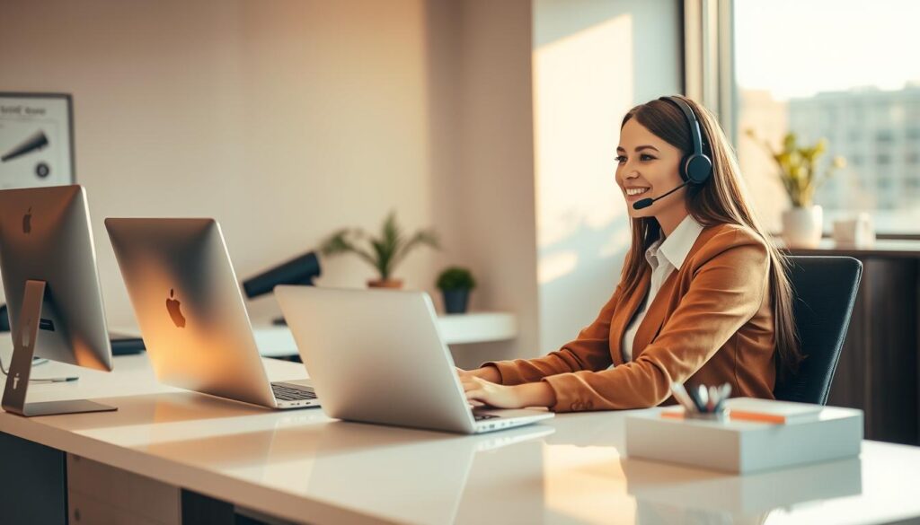 A professional customer service representative sits at a sleek, modern desk, attentively listening to a client on a headset. Their friendly, welcoming expression conveys a genuine desire to assist. Warm lighting from a nearby window casts a soft glow, creating an inviting atmosphere. In the background, a minimalist office layout with tasteful decor suggests an efficient, well-organized workspace. The overall scene radiates a sense of professionalism, empathy, and a commitment to providing a superior customer service experience. A professional customer service representative sits at a sleek, modern desk, attentively listening to a client on a headset. Their friendly, welcoming expression conveys a genuine desire to assist. Warm lighting from a nearby window casts a soft glow, creating an inviting atmosphere. In the background, a minimalist office layout with tasteful decor suggests an efficient, well-organized workspace. The overall scene radiates a sense of professionalism, empathy, and a commitment to providing a superior customer service experience.