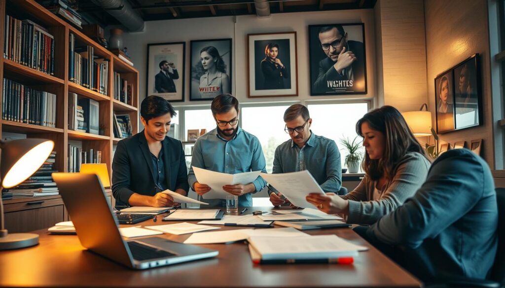 A professional film crew diligently reviewing insurance documents in a cozy production office. The foreground features a well-organized desk with a laptop, notepads, and pens. In the middle ground, a team of producers and production managers pore over policies and contracts, their faces illuminated by the warm glow of desk lamps. The background showcases shelves lined with industry reference materials and framed film posters, creating a sense of expertise and professionalism. Soft, diffused lighting filters through large windows, casting a contemplative atmosphere over the scene. The overall composition conveys the importance of meticulous insurance management in safeguarding the success of a film production. A professional film crew diligently reviewing insurance documents in a cozy production office. The foreground features a well-organized desk with a laptop, notepads, and pens. In the middle ground, a team of producers and production managers pore over policies and contracts, their faces illuminated by the warm glow of desk lamps. The background showcases shelves lined with industry reference materials and framed film posters, creating a sense of expertise and professionalism. Soft, diffused lighting filters through large windows, casting a contemplative atmosphere over the scene. The overall composition conveys the importance of meticulous insurance management in safeguarding the success of a film production.