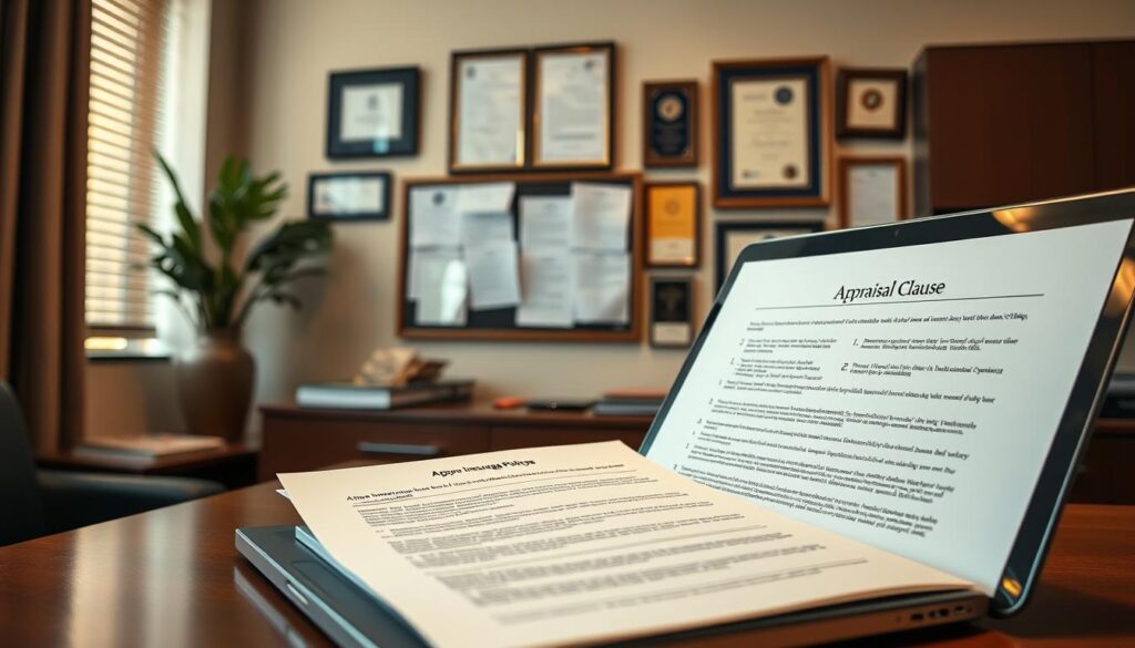 A professional office setting with an insurance agent's desk in the foreground. On the desk, a laptop open to an auto insurance policy document, with the "Appraisal Clause" section highlighted. In the middle ground, a wall-mounted bulletin board displaying relevant forms and paperwork. The background features tasteful decor, such as framed certificates and awards, creating an atmosphere of expertise and authority. Warm, indirect lighting from a window on the left side casts a soft glow, enhancing the professionalism of the scene. The overall mood is one of informed guidance and trustworthy service.