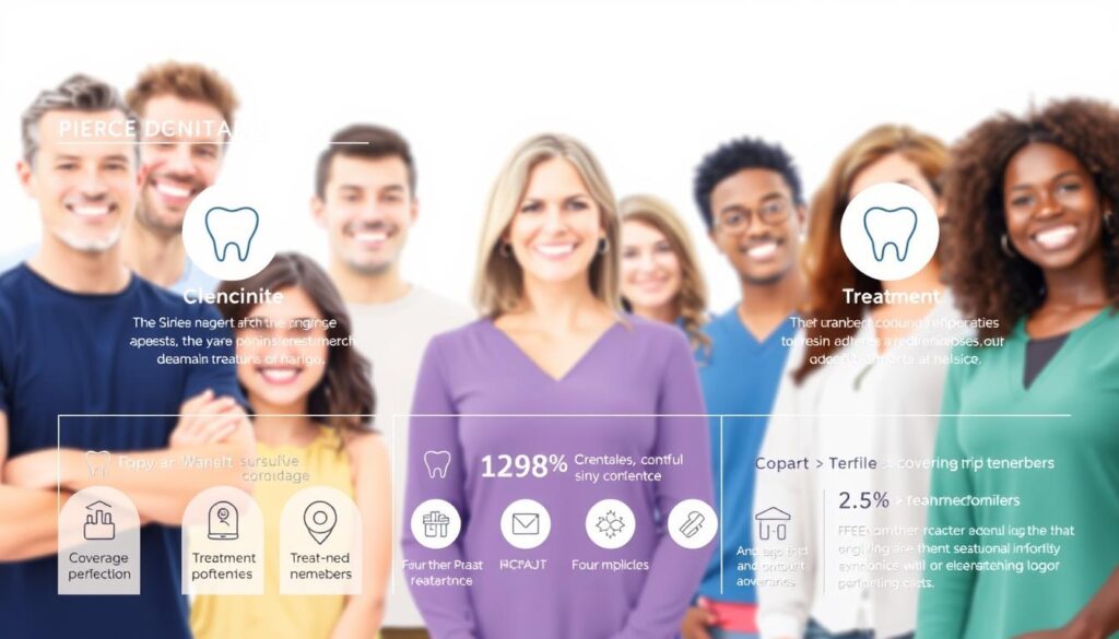 A professional, stylized illustration of the key benefits and features of the Pierce Dental Plans. The foreground showcases a clean, modern layout with elegant icons and infographic elements, highlighting the plan's coverage, copays, and treatment options. The middle ground features a group of diverse, smiling people representing the plan's members. The background has a subtle, branded color palette and light, airy textures, conveying a sense of trust, quality, and reliability. The overall composition is visually striking and informative, guiding the viewer through the plan's key offerings.