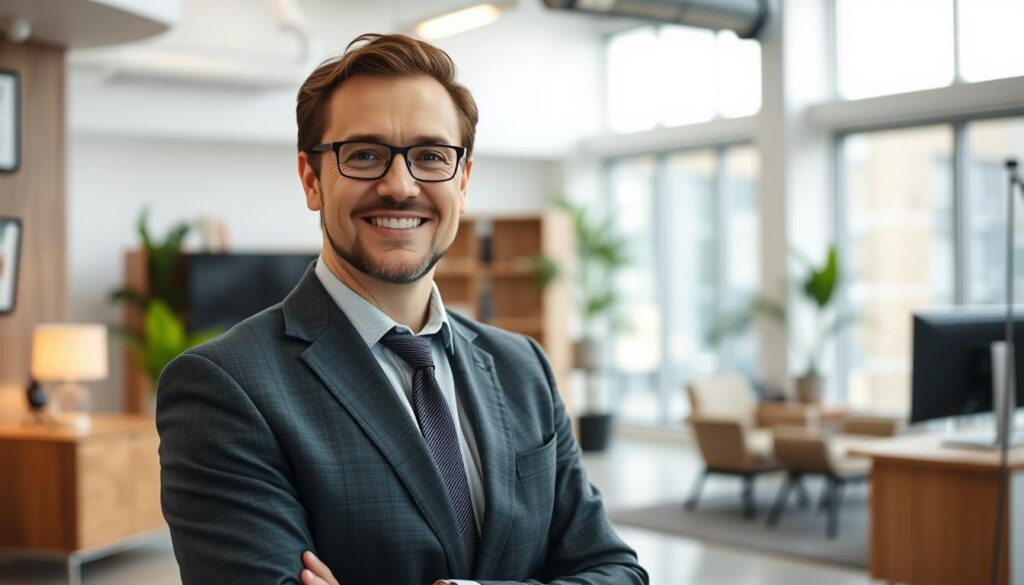 A professionally dressed insurance specialist standing in a bright, airy office, with a warm and inviting expression. The subject is positioned in the foreground, with a mid-range depth of field that blurs the background, drawing the viewer's attention to the specialist's face and upper body. The lighting is soft and diffused, creating a sense of professionalism and approachability. The backdrop features modern office furniture and decor, suggesting a well-equipped and customer-oriented insurance agency. The scene conveys a sense of expertise, reliability, and personalized attention to the client's needs. A professionally dressed insurance specialist standing in a bright, airy office, with a warm and inviting expression. The subject is positioned in the foreground, with a mid-range depth of field that blurs the background, drawing the viewer's attention to the specialist's face and upper body. The lighting is soft and diffused, creating a sense of professionalism and approachability. The backdrop features modern office furniture and decor, suggesting a well-equipped and customer-oriented insurance agency. The scene conveys a sense of expertise, reliability, and personalized attention to the client's needs.