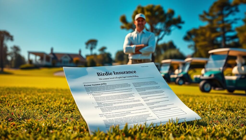 A richly-detailed scene showcases the essence of "Birdie Insurance" - a professional golfer standing confidently on a manicured fairway, surrounded by lush greenery and a clear azure sky. The player's uniform is crisp and tailored, conveying a sense of professionalism. In the foreground, an insurance policy document takes center stage, its pages rustling gently in a soft breeze. The lighting is warm and natural, casting a golden glow that accentuates the vibrant colors of the course. In the background, a clubhouse and pristine golf carts suggest the high-end setting of an exclusive golf club. The overall atmosphere exudes a sense of security, protection, and the promise of a successful round of golf.