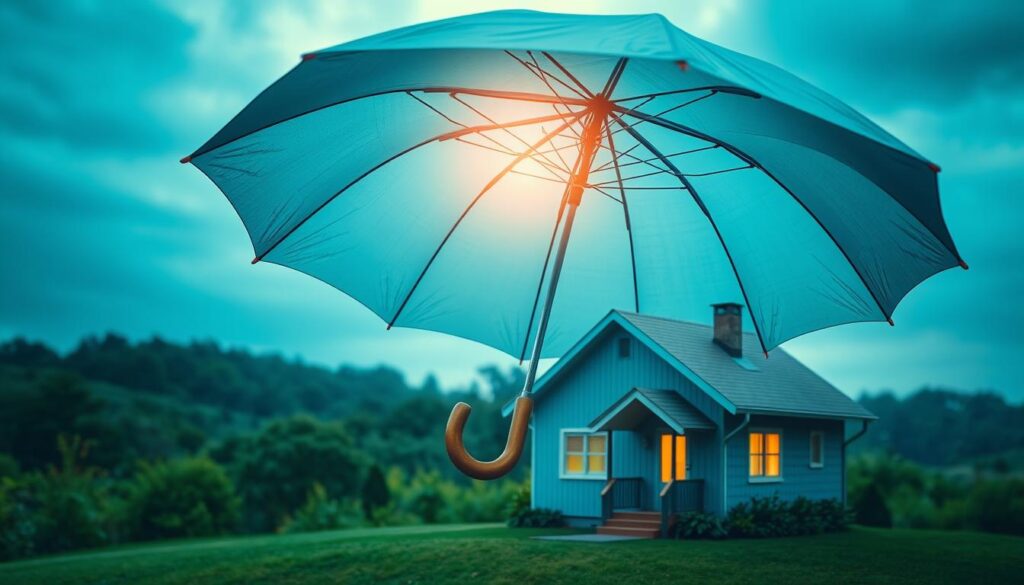 A serene and secure home shielded by a protective umbrella, symbolizing the essence of insurance coverage. Vibrant hues of blue and green evoke a sense of tranquility, while the intricate umbrella mechanism resembles a fortress against life's uncertainties. Soft lighting casts a warm glow, creating an atmosphere of comfort and reliability. The umbrella's handle is designed as a sturdy, trustworthy grip, conveying the idea of a reliable safety net. In the background, a lush, verdant landscape suggests the broader context of personal and financial well-being, protected by the metaphorical insurance umbrella. A serene and secure home shielded by a protective umbrella, symbolizing the essence of insurance coverage. Vibrant hues of blue and green evoke a sense of tranquility, while the intricate umbrella mechanism resembles a fortress against life's uncertainties. Soft lighting casts a warm glow, creating an atmosphere of comfort and reliability. The umbrella's handle is designed as a sturdy, trustworthy grip, conveying the idea of a reliable safety net. In the background, a lush, verdant landscape suggests the broader context of personal and financial well-being, protected by the metaphorical insurance umbrella.