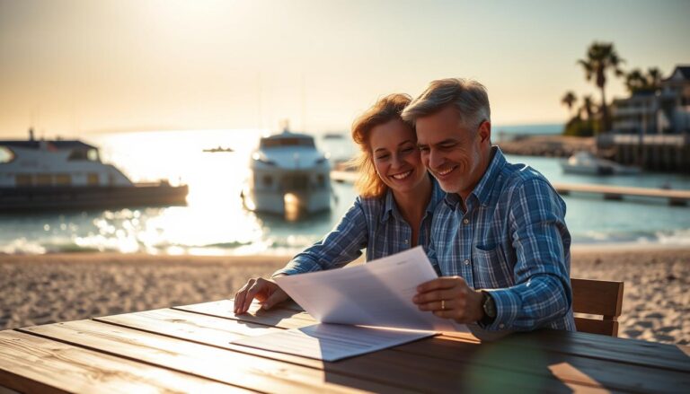 A serene beach scene with the Sea Harbor Agency's headquarters in the middle ground, illuminated by warm afternoon sunlight. In the foreground, a couple reviews insurance documents on a wooden table, their faces radiating a sense of security and trust. In the background, the sparkling azure waters of the harbor stretch out, symbolizing the reliability and stability of the agency's insurance solutions. The composition is balanced, with a soft, inviting color palette that evokes a feeling of comfort and reassurance. Subtle lens flare and a shallow depth of field add a touch of cinematic flair to the image.