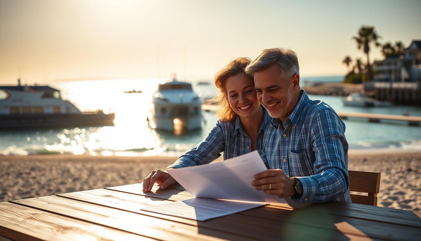 A serene beach scene with the Sea Harbor Agency's headquarters in the middle ground, illuminated by warm afternoon sunlight. In the foreground, a couple reviews insurance documents on a wooden table, their faces radiating a sense of security and trust. In the background, the sparkling azure waters of the harbor stretch out, symbolizing the reliability and stability of the agency's insurance solutions. The composition is balanced, with a soft, inviting color palette that evokes a feeling of comfort and reassurance. Subtle lens flare and a shallow depth of field add a touch of cinematic flair to the image.