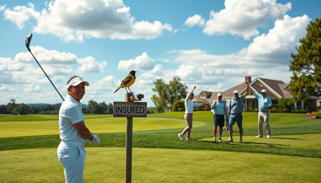 A serene golf course on a sunny day, with lush green fairways and a azure sky dotted with fluffy white clouds. In the foreground, a golfer in crisp white attire smiles confidently as they tee off, their golf ball arcing gracefully through the air. Beside them, a friendly birdie perches atop a wooden sign, its wings outstretched as if guiding the ball towards the distant, well-manicured green. The middle ground reveals a group of golfers fist-bumping and celebrating, their expressions of joy and relief reflecting the success of their insured game. In the background, a clubhouse with a warm, inviting facade stands as a testament to the camaraderie and satisfaction of this golfing community.