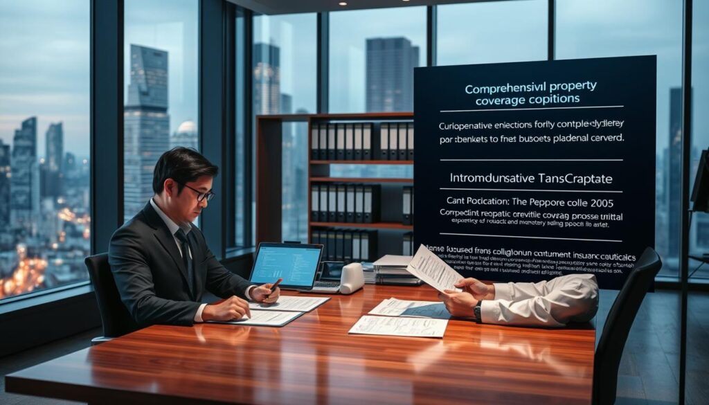 A serene, modern office setting with floor-to-ceiling windows overlooking a bustling city skyline. In the foreground, a professional-looking person sits at a polished wooden desk, reviewing documents and digital screens displaying intricate insurance policy details. The middle ground features shelves filled with insurance binders and a sleek, high-tech display showcasing comprehensive property coverage options. The background is softly lit, creating a sense of security and expertise. The overall atmosphere conveys a feeling of advanced, tailored solutions for protecting valuable assets.