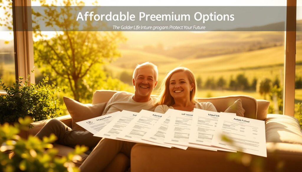 A serene, sunlit scene of a cozy home surrounded by lush greenery. In the foreground, a smiling family relaxes on a comfortable sofa, radiating a sense of security and well-being. The middle ground features a display of various life insurance policy documents, their premiums conveying affordability and accessibility. The background showcases a tranquil countryside landscape, with rolling hills and a warm, golden hue that evokes a feeling of stability and peace. The overall composition instills a sense of financial protection and a worry-free future, perfectly capturing the essence of "Affordable Premium Options" within the larger context of "The Golden Life Insurance Program: Protect Your Future."