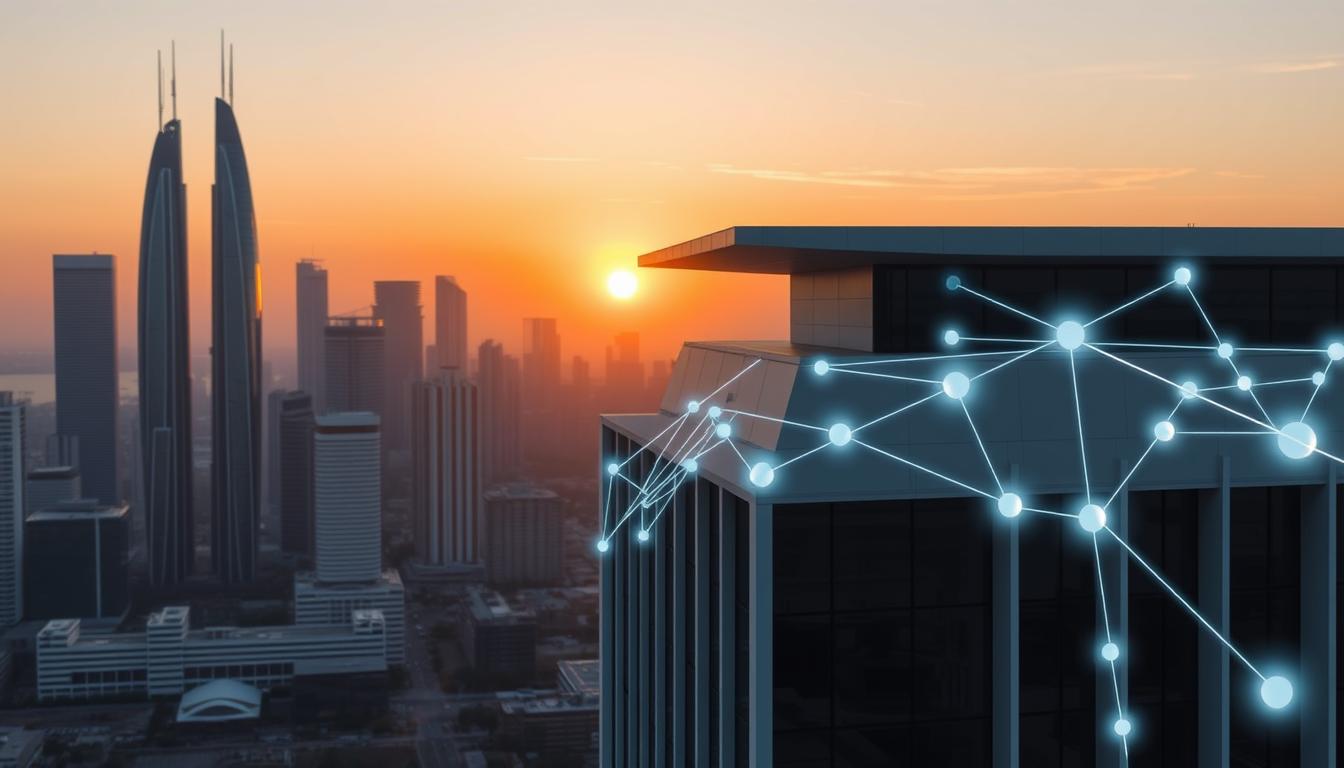 A sleek, futuristic cityscape with towering skyscrapers in the background, illuminated by a warm, golden glow of sunset. In the foreground, a modern office building with clean, angular architecture and large, tinted windows. Superimposed over the scene, a network of digital security protocols, represented by glowing lines and geometric shapes, symbolizing the protection of cyber insurance in Kenya. The image conveys a sense of technological sophistication, security, and the importance of safeguarding businesses in the digital age.