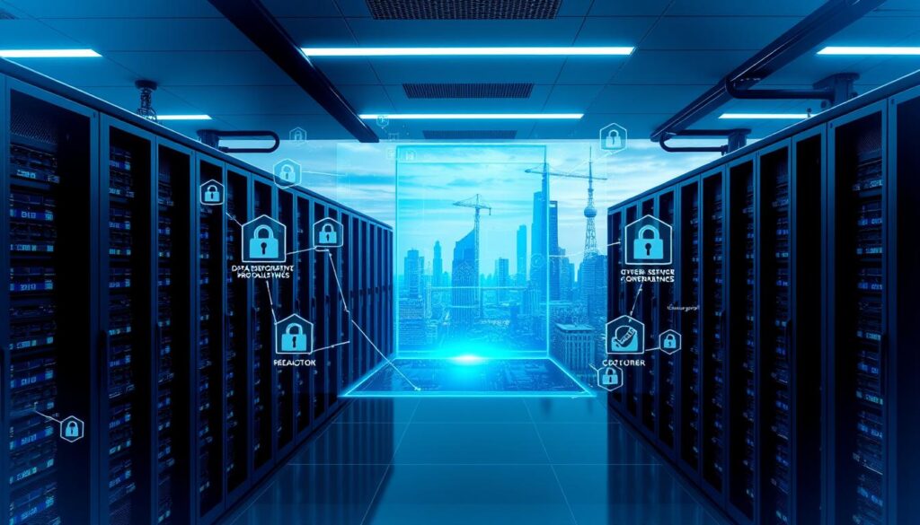 A sleek, modern data center with a towering cyber security network. In the foreground, a holographic display showcases various data encryption protocols and network security layers. The middle ground features servers and storage arrays, bathed in a cool blue lighting that suggests a sense of digital sanctuary. In the background, a sprawling cityscape with skyscrapers and telecommunication towers represents the wider corporate landscape protected by this robust cyber insurance data shielding system. The overall atmosphere conveys a feeling of technological sophistication, digital resilience, and the reassuring sense of comprehensive data safeguarding.