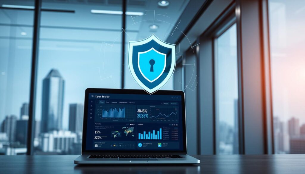 A sleek, modern office interior with a large window overlooking a bustling city skyline. In the foreground, a laptop computer displays a digital dashboard of cyber security metrics and data visualizations. Hovering above the laptop, a semi-transparent holographic overlay depicts a shield icon, symbolizing the concept of cyber liability insurance. The lighting is clean and cool, with a combination of natural daylight and subtle ambient lighting fixtures. The overall atmosphere conveys a sense of technological sophistication and risk mitigation, reflecting the key benefits of cyber insurance for Kenyan businesses.