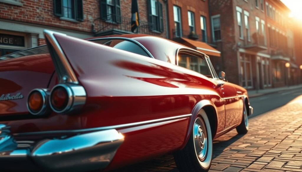 A sleek, vintage sedan parked in the heart of historic Annapolis, Maryland. The car's glossy, cherry-red exterior glistens under the warm, golden light of a late-afternoon sun. The scene is framed by stately colonial-style buildings, their weathered brick facades and quaint storefronts evoking a bygone era. In the foreground, a polished chrome bumper and whitewall tires hint at the car's classic styling. The image radiates a sense of timeless elegance and the proud tradition of vintage automobile ownership in the state.