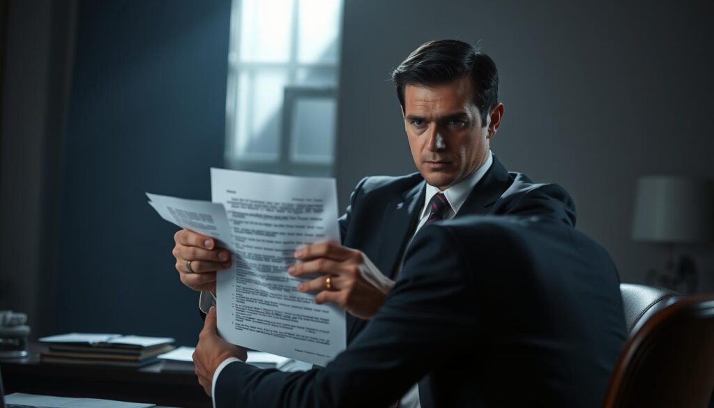 A sly insurance agent, dressed in a sharp suit, hands a client a seemingly innocuous document, their expression coy as they covertly twists the terms of the policy. The scene is captured in a dimly lit office, shadows creeping across the desk, casting an ominous atmosphere. Subtle lighting highlights the agent's deceitful gaze and the client's growing unease. The background is blurred, emphasizing the tension between the two figures, the insurance policy a symbol of their unbalanced power dynamic. The image conveys the deceptive practices that can occur in the insurance industry, a cautionary tale of the importance of scrutinizing the fine print. A sly insurance agent, dressed in a sharp suit, hands a client a seemingly innocuous document, their expression coy as they covertly twists the terms of the policy. The scene is captured in a dimly lit office, shadows creeping across the desk, casting an ominous atmosphere. Subtle lighting highlights the agent's deceitful gaze and the client's growing unease. The background is blurred, emphasizing the tension between the two figures, the insurance policy a symbol of their unbalanced power dynamic. The image conveys the deceptive practices that can occur in the insurance industry, a cautionary tale of the importance of scrutinizing the fine print.