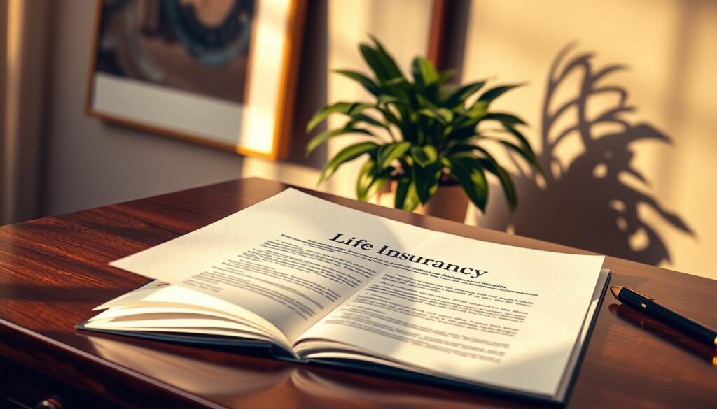 A sophisticated, tastefully-lit scene depicting an elegant life insurance policy document resting on a polished wooden desk. The document's pages are illuminated by warm, directional lighting, casting soft shadows that accentuate its intricate details. In the background, a lush, verdant potted plant and a muted, abstract art piece create a serene, high-end ambiance. The overall composition conveys a sense of thoughtful, personalized coverage tailored to the unique needs of a discerning individual. A sophisticated, tastefully-lit scene depicting an elegant life insurance policy document resting on a polished wooden desk. The document's pages are illuminated by warm, directional lighting, casting soft shadows that accentuate its intricate details. In the background, a lush, verdant potted plant and a muted, abstract art piece create a serene, high-end ambiance. The overall composition conveys a sense of thoughtful, personalized coverage tailored to the unique needs of a discerning individual.