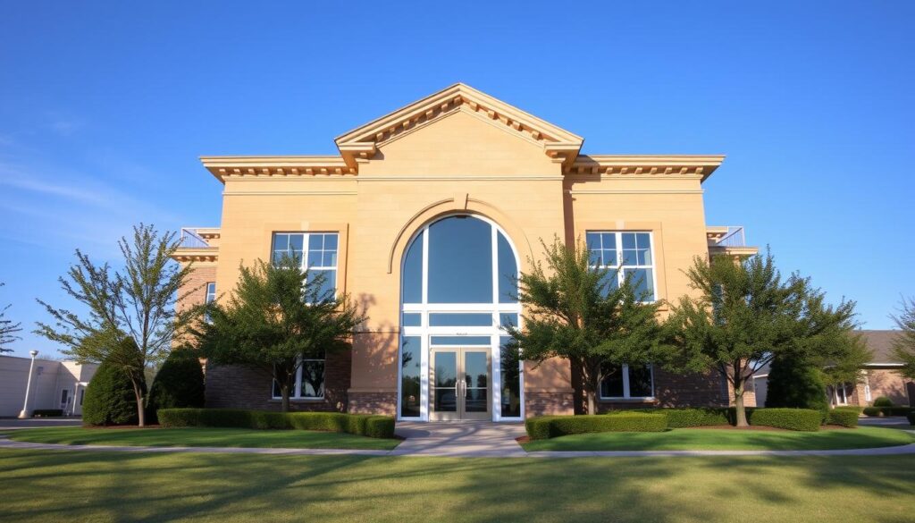 A stately two-story office building with a classic architectural design, featuring a prominent arched entryway and large windows that let in abundant natural light. The exterior is crafted from warm beige stone and accented with crisp white trim, giving it an air of professionalism and reliability. The front lawn is well-manicured, with neatly trimmed hedges and a few strategically placed trees that cast gentle shadows across the scene. The sky overhead is a serene, cloudless blue, creating a calm and inviting atmosphere. The camera angle is slightly elevated, capturing the building's grandeur and commanding presence, conveying a sense of stability and trustworthiness. A stately two-story office building with a classic architectural design, featuring a prominent arched entryway and large windows that let in abundant natural light. The exterior is crafted from warm beige stone and accented with crisp white trim, giving it an air of professionalism and reliability. The front lawn is well-manicured, with neatly trimmed hedges and a few strategically placed trees that cast gentle shadows across the scene. The sky overhead is a serene, cloudless blue, creating a calm and inviting atmosphere. The camera angle is slightly elevated, capturing the building's grandeur and commanding presence, conveying a sense of stability and trustworthiness.